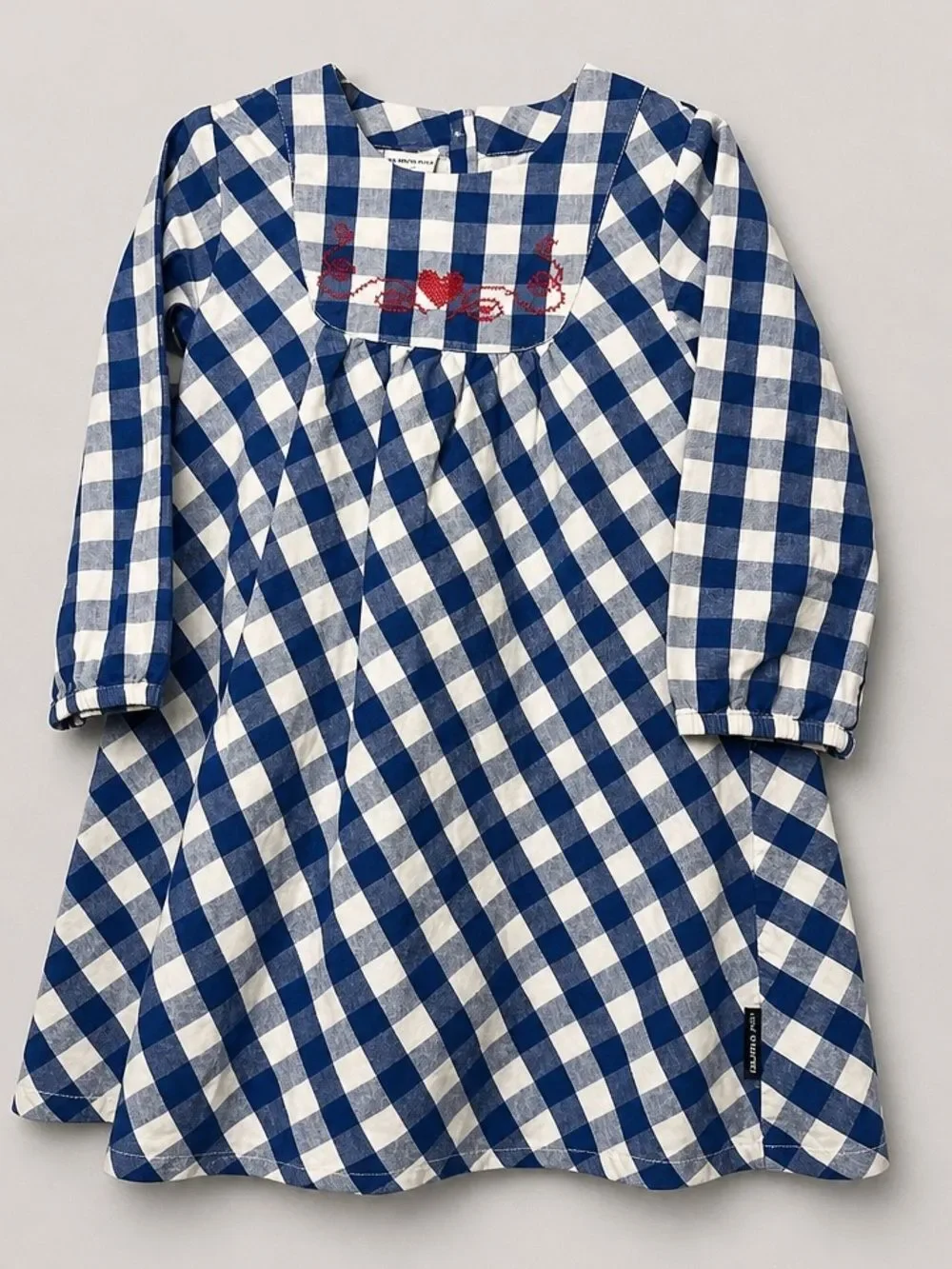 Polarn O. Pyret blue and white check long sleeve cotton dress cross stitching